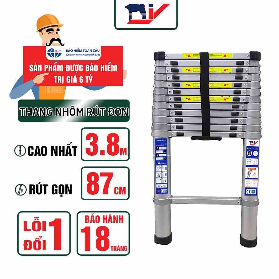 [Mã BMLTB200 giảm đến 100K đơn 499K] Thang nhôm rút đơn cao cấp đai nhôm DIY TL-I-38A chiều cao sử dụng tối đa 3.8M