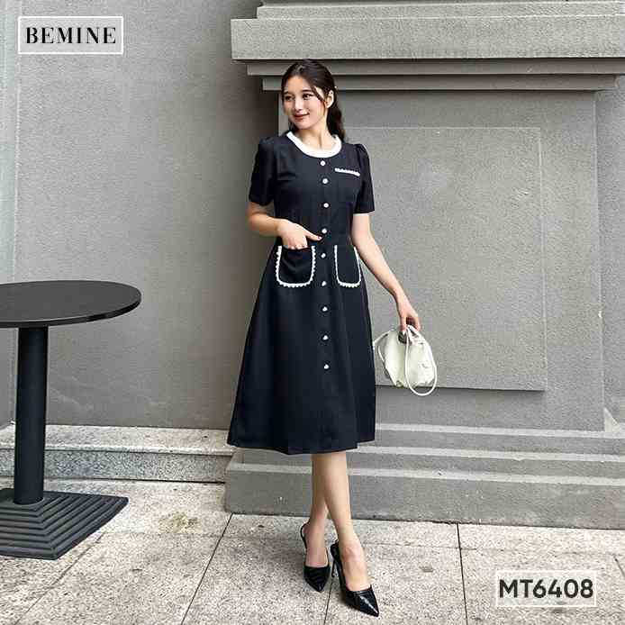 Đầm dáng dài cổ bèo ngắn tay BEMINE MT6408