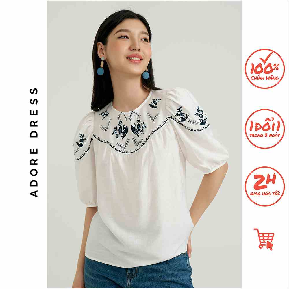 Áo sơ mi Tops đũi xước trắng thêu ngực 311TO1005 ADORE DRESS