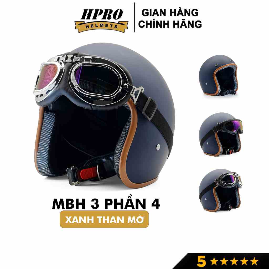 Mũ bảo hiểm 3/4 đầu Sundy Helmets, màu xanh than mờ mạnh mẽ, cá tính, Freesize (54-58cm) kèm kính phi công, UV