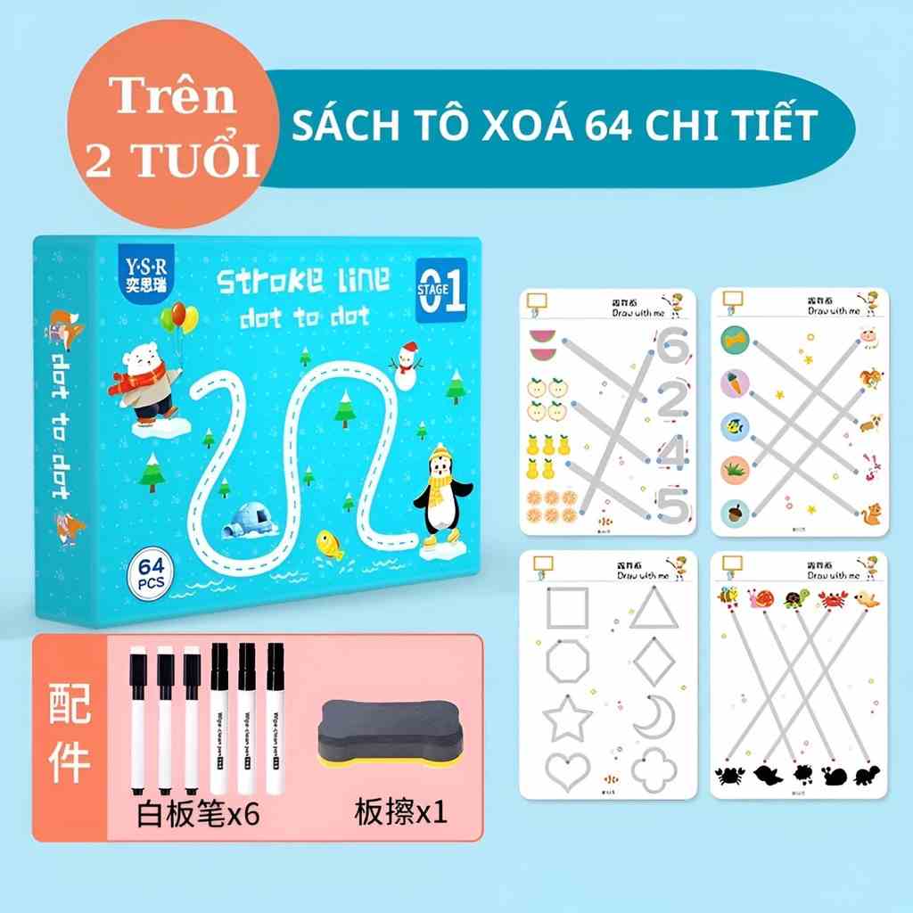 Combo tập tô vẽ thông minh xóa được 64 trang kèm bút dạ - Đồ chơi Giáo Dục học liệu Montessori cho bé từ 2 3 4 5 tuổi