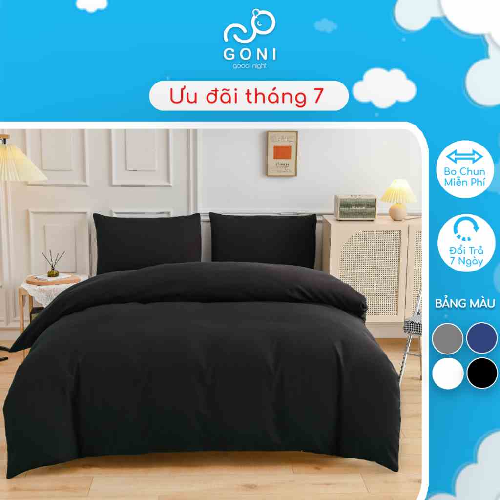 Bộ Chăn Ga Gối Cotton Tici GONI Drap Giường Màu Đen Trơn Đủ Kích Thước Trải Nệm Không Kèm Ruột