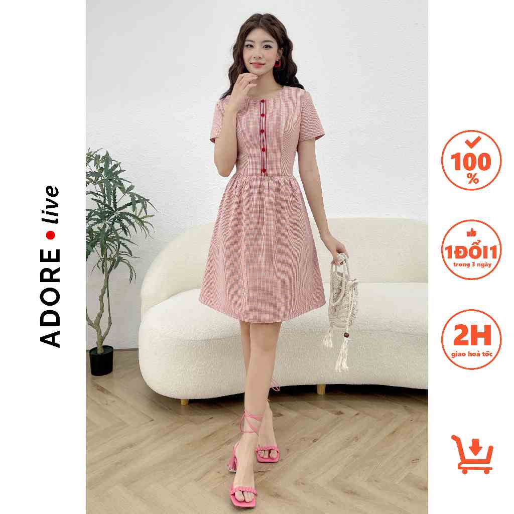 Đầm Mini dresses cổ tròn thô karo red thêu nẹp 321DR1082 ADORE DRESS