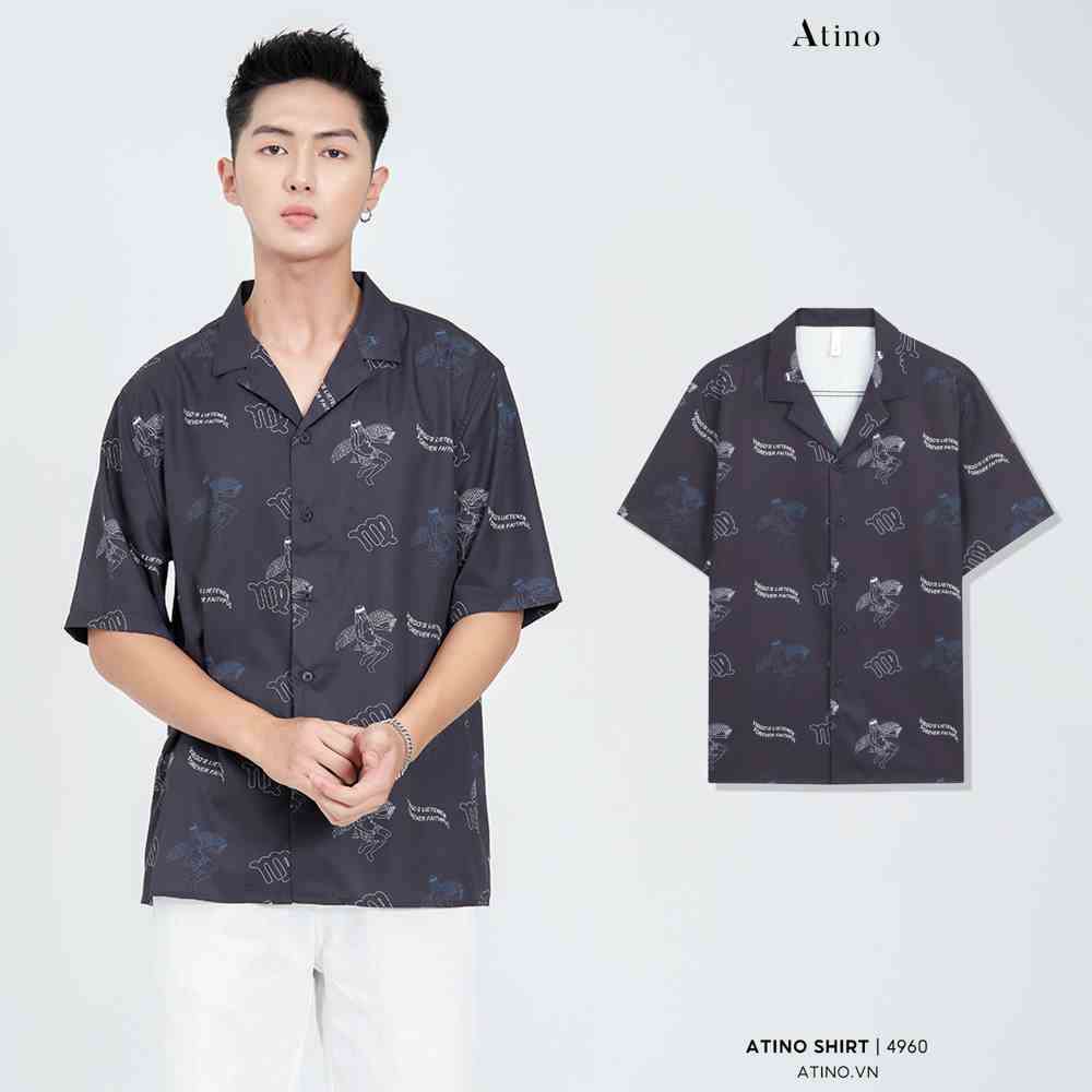 Áo Sơ Mi Cộc Tay Nam Cuban Shirt Họa Tiết ATINO vải lụa form regular SM1.4960