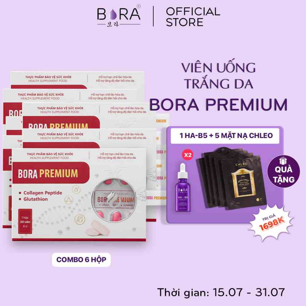 COMBO 3 Viên Uống Trắng Da Cao Cấp BORA PREMIUM Giúp Trẻ Hóa Sáng Mịn Làn Da Hộp 20 viên