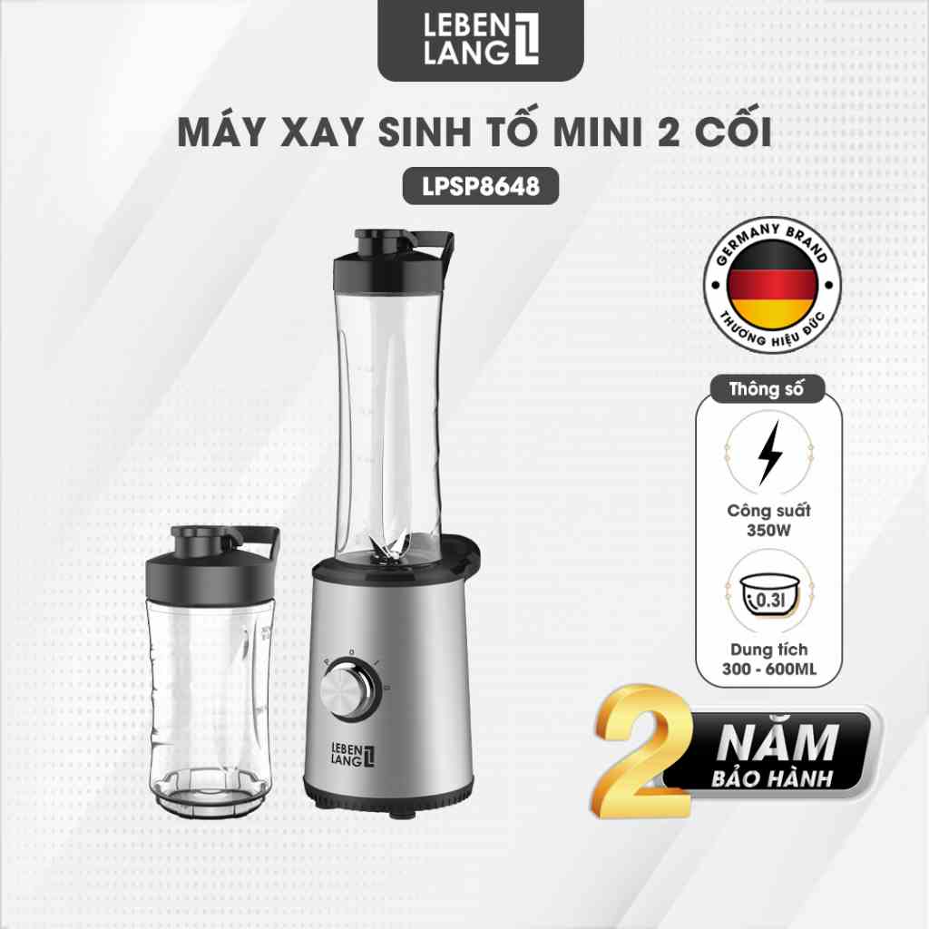 Máy xay sinh tố mini LEBENLANG gồm 2 cối xay tích hợp bình chứa dung tích 300-600ml, công suất 350W, model LBSP8648