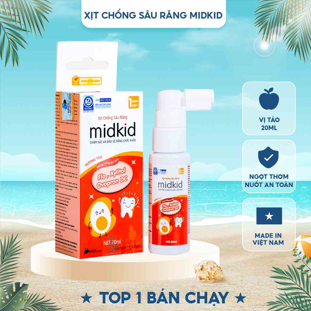 Xịt chống sâu răng MIDKID chính hãng vị táo 20ml nuốt được cho bé từ 1 tuổi giúp bảo vệ và làm sạch răng, ngừa mảng bám