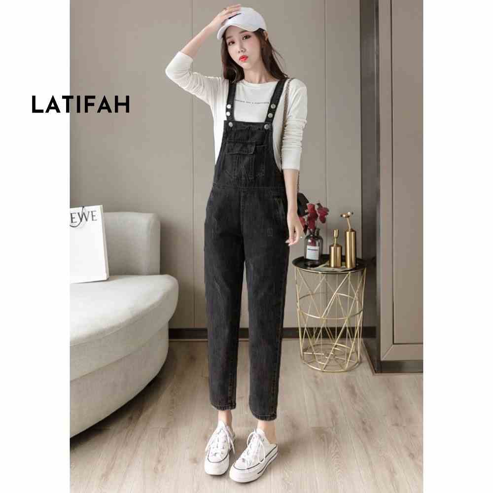 [Mã BMLT30 giảm đến 30K đơn 299K] Yếm jean dài nữ LATIFAH xám đậm YJ016 phong cách hàn quốc trẻ trung năng động