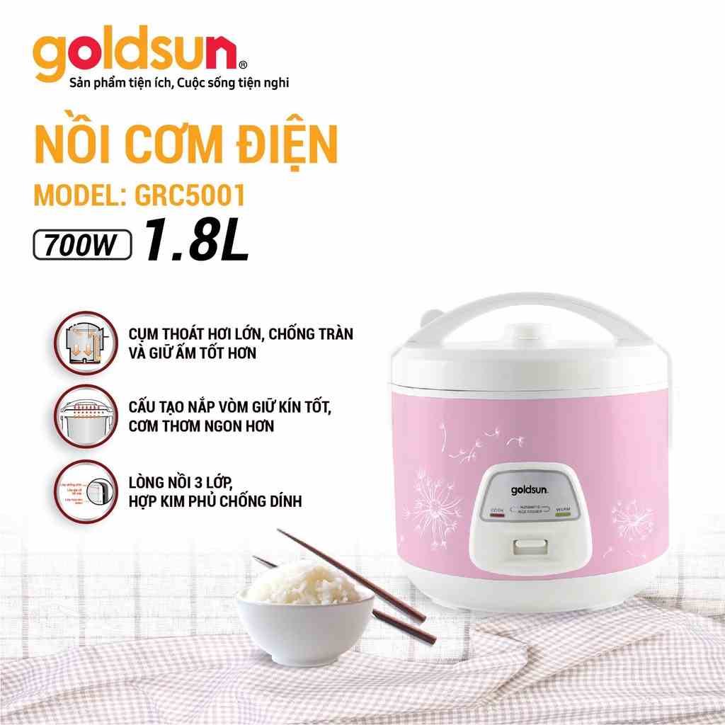 Nồi cơm điện Goldsun GRC5001 700W 1,8L cho gia đình 4-6 người lòng nồi hợp kim nhôm phủ chống dính