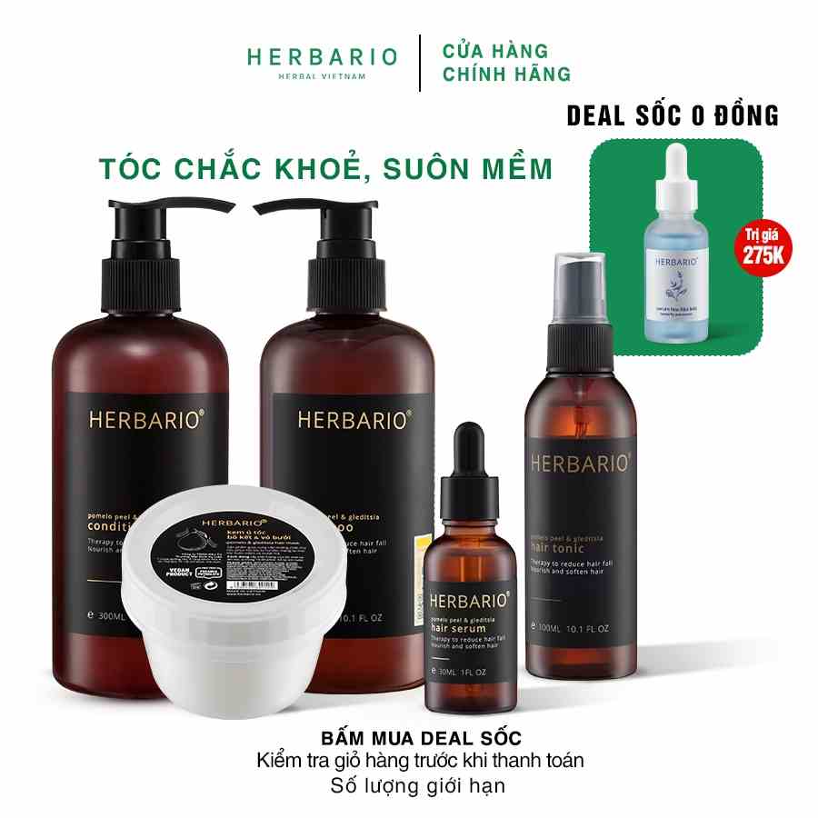 Bộ 5 chăm sóc tóc bồ kết vỏ bưởi herbario: Dầu gội 300ml + Dầu xả 300ml + Xịt dưỡng 100ml + Serum 30ml + Kem ủ tóc 200ml