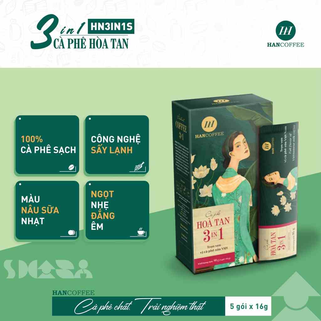 Cà phê sữa hòa tan HANCOFFEE 3in1 đậm hương cà phê, thơm nhẹ mùi sữa (5 Gói) - HN3in1S