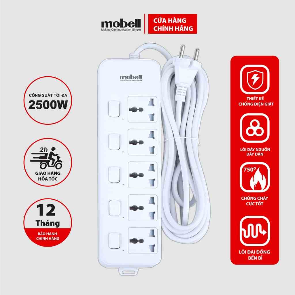 Ổ Cắm Điện Đa Năng Mobell 5 Lỗ Cắm 5 Công Tắc 3m/5m Chịu Nhiệt Cao 750 Độ C 2500W mã CX5305U0