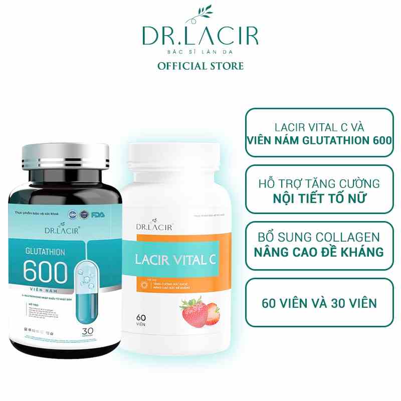 Combo Viên uống vitamin C DR.LACIR hộp 60 viên và viên uống trắng da glutathione 600 DR.LACIR hộp 30 viên