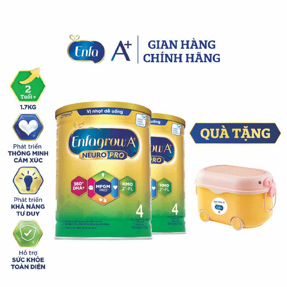 [Tặng Thùng Đựng Đồ Chơi Hình Thú] Bộ 2 Sữa bột Enfagrow A+ Neuropro 4 - FL HMO Vị Nhạt Dễ Uống – 1.7kg