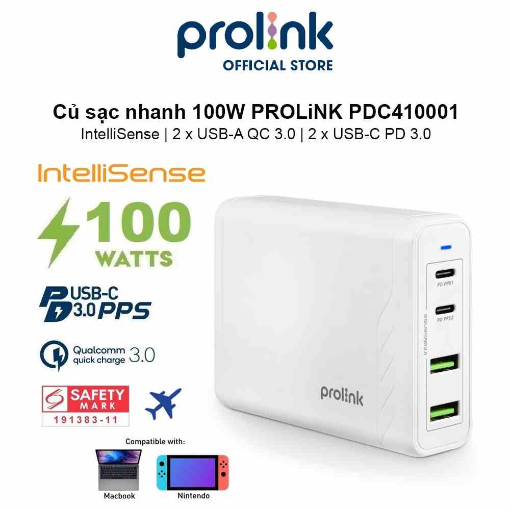 Củ sạc nhanh 100W PROLiNK PDC410001, 4 cổng (2xUSB-A QC 3.0 & 2xUSB-C PD 3.0) IntelliSense, sạc điện thoại, laptop