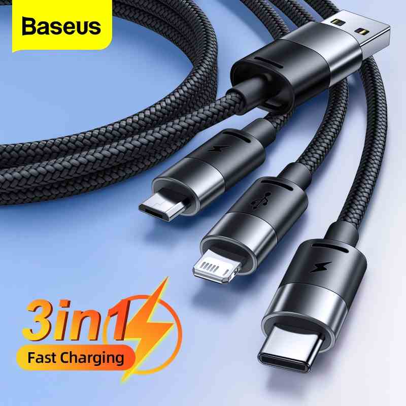 Cáp sạc Baseus 3 trong 1 Micro USB Type C cho iPhone 14 13 12 Pro Max 3.5A Samsung Xiaomi Redmi