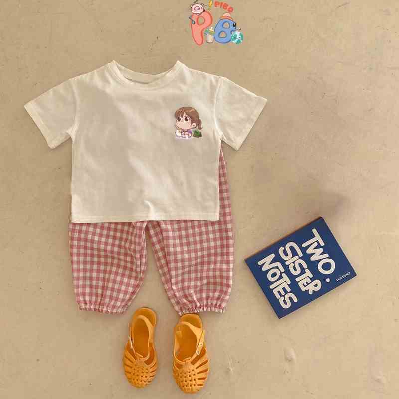 Quần Ống Rộng Kẻ Caro, Áo Thun Cộc Tay In Hình Cô Gái Cho Bé Gái Sành Điệu - BabyBoo - PiBo Store