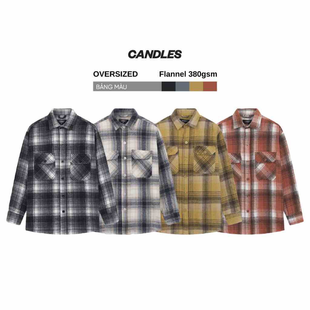 Áo sơ mi nam nữ oversized CANDLES RIPPED FLANNEL basic họa tiết caro Flannel 380gsm chính hãng