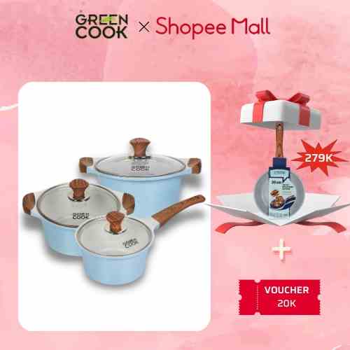 [ MUA BỘ NỒI TẶNG CHẢO 20CM ] Bộ 3 nồi đúc men đá xanh Sapphire 18-20-24CM Green Cook GCS09 dùng được các loại bếp