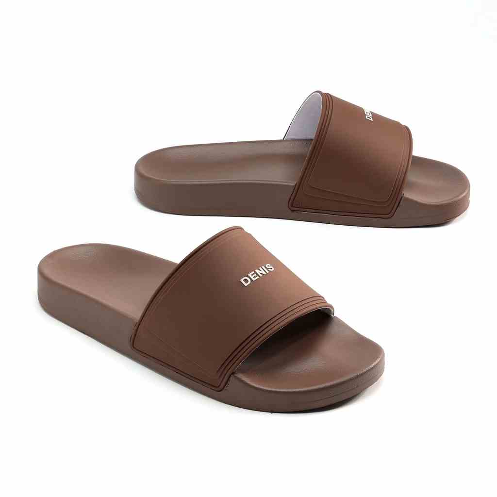 Dép quai ngang Denis Unisex Slipper DT06 đế PU quai PVC màu nâu chữ trắng Ngoài trời