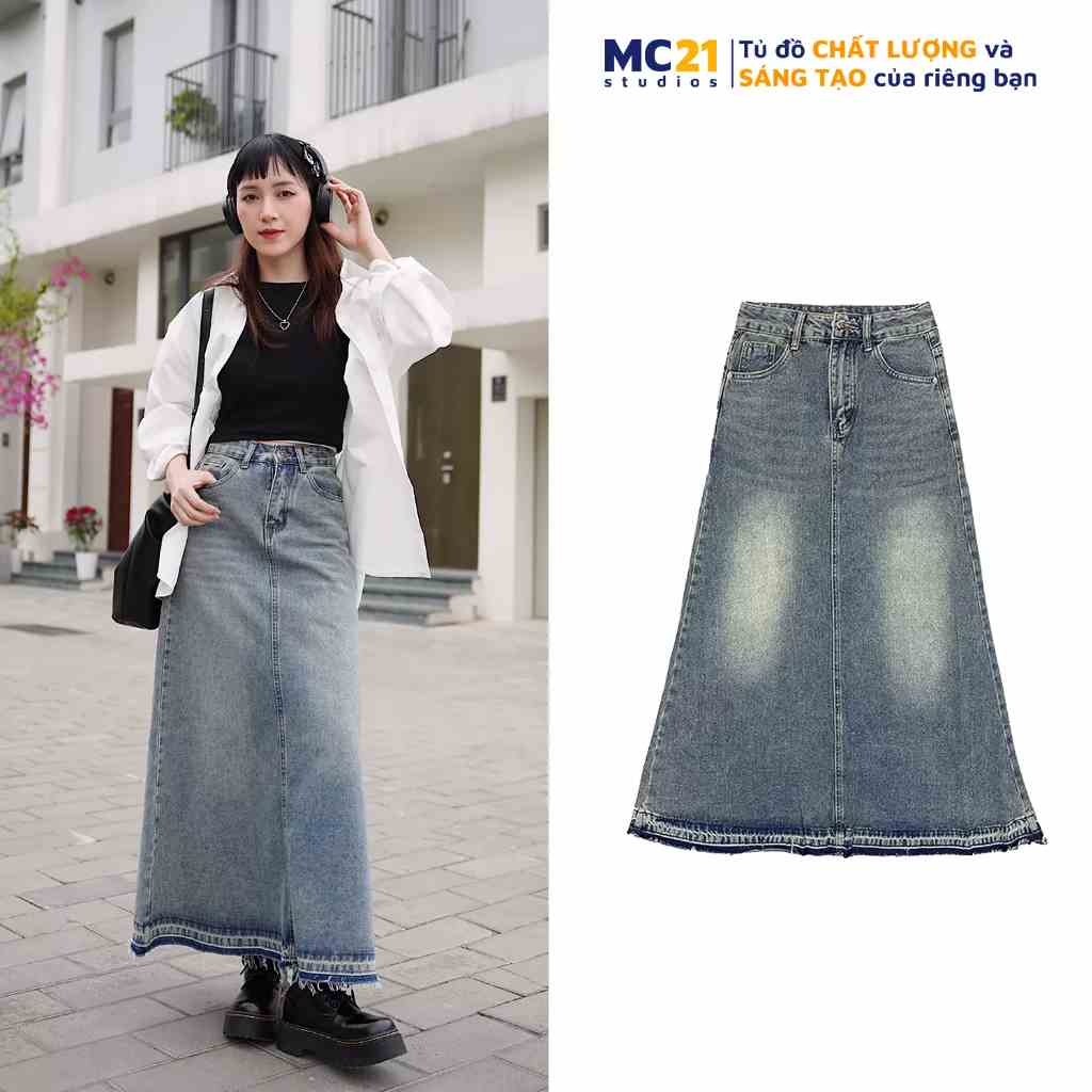 Chân váy jeans dài dáng xoè nhẹ MINIONCLOTHING lưng cạp cao bigsize Ulzzang Streetwear Hàn Quốc chất bò dày dặn V3502