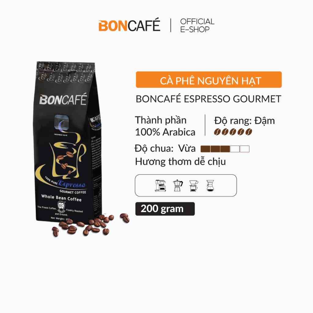 Cà phê nguyên hạt nguyên chất Arabica rang đậm Espresso Boncafé Gourrmet 200g/gói - Cà phê pha phin, pha espresso