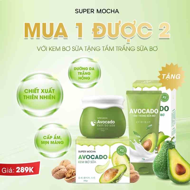 ( MUA 1 ĐƯỢC 2)Kem bơ sữa SUPER MOCHA - Kem body bơ sữa Avocado Body Cream trắng mịn như bơ 200gr