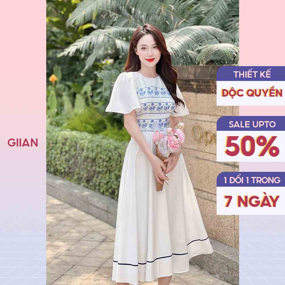 Váy đi biển dáng dài xòe phối tay loe in hoa chính hãng Giian - GV2692