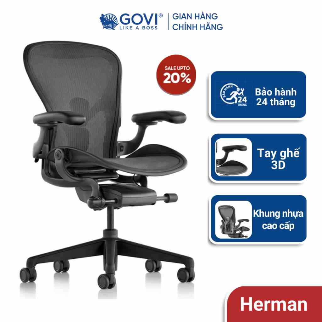 Ghế Herman Miller Aeron, Size B/ Graphite – Khung nhựa thiết kế chuẩn công thái học