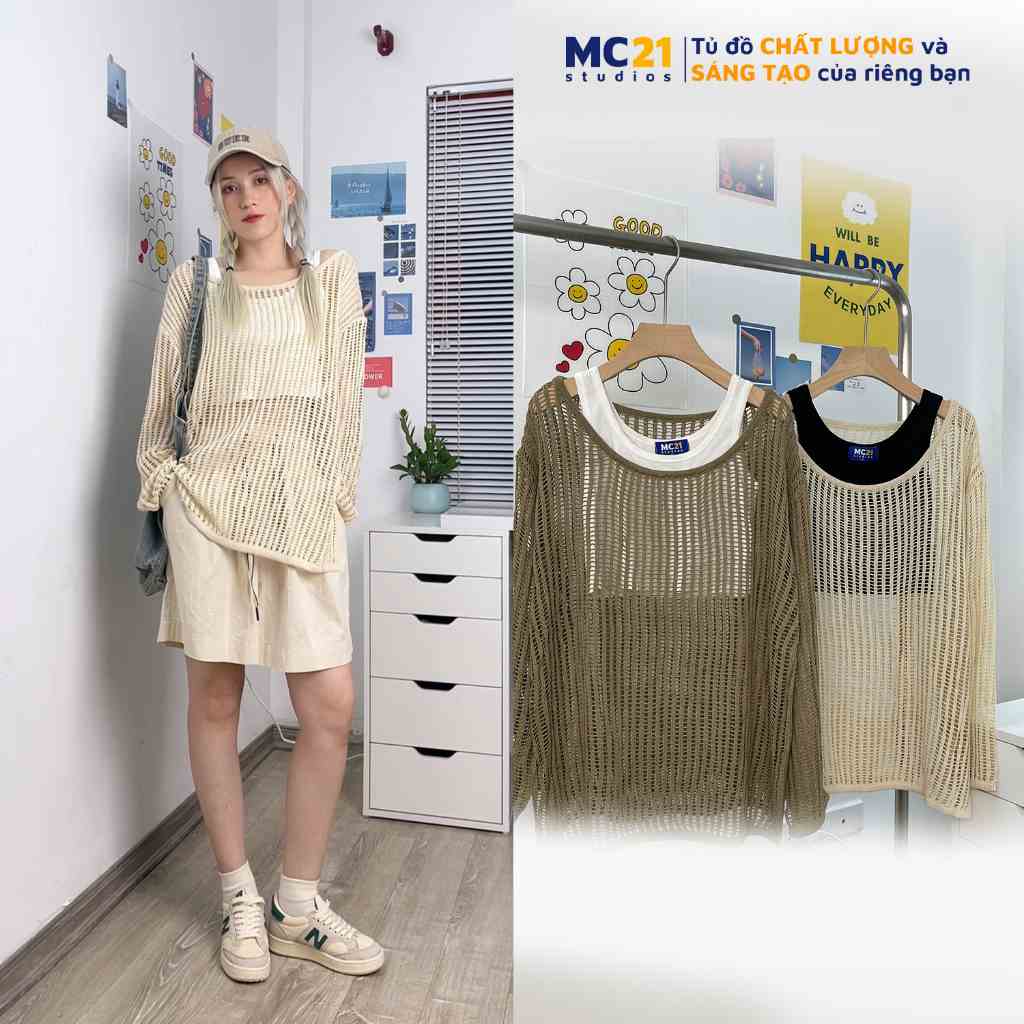 Áo lưới MC21.STUDIOS oversize dáng dài Ulzzang Streetwear Hàn Quốc chất mềm xịn tee form rộng t-shirt nữ pull A3630