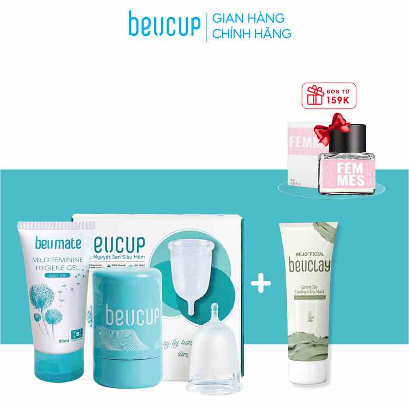 Combo Cốc nguyệt san BeUcup + 1 tuýp mặt nạ đất sét BeUclay trà xanh sáng da, se khít lỗ chân lô