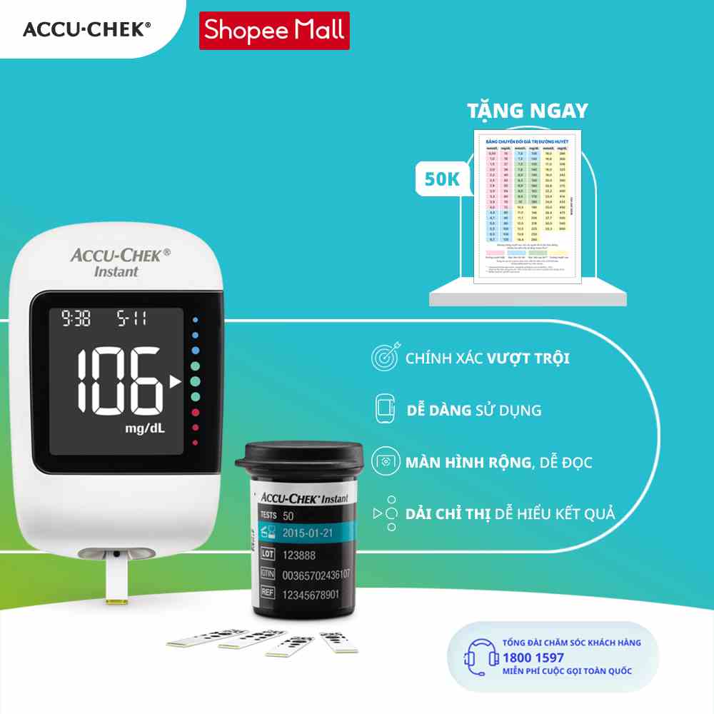 [Bảo Hành Trọn Đời] Máy Đo Đường Huyết ACCU-CHEK® Instant Kèm Hộp 50 Que Thử Đường Huyết ACCU-CHEK® Instant