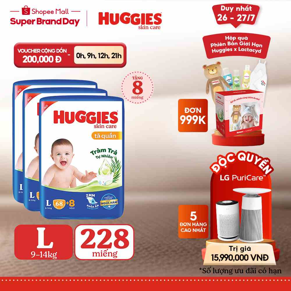 Combo 3 Tã quần Huggies Skincare Super Jumbo M76/L68/XL60/XXL54+8