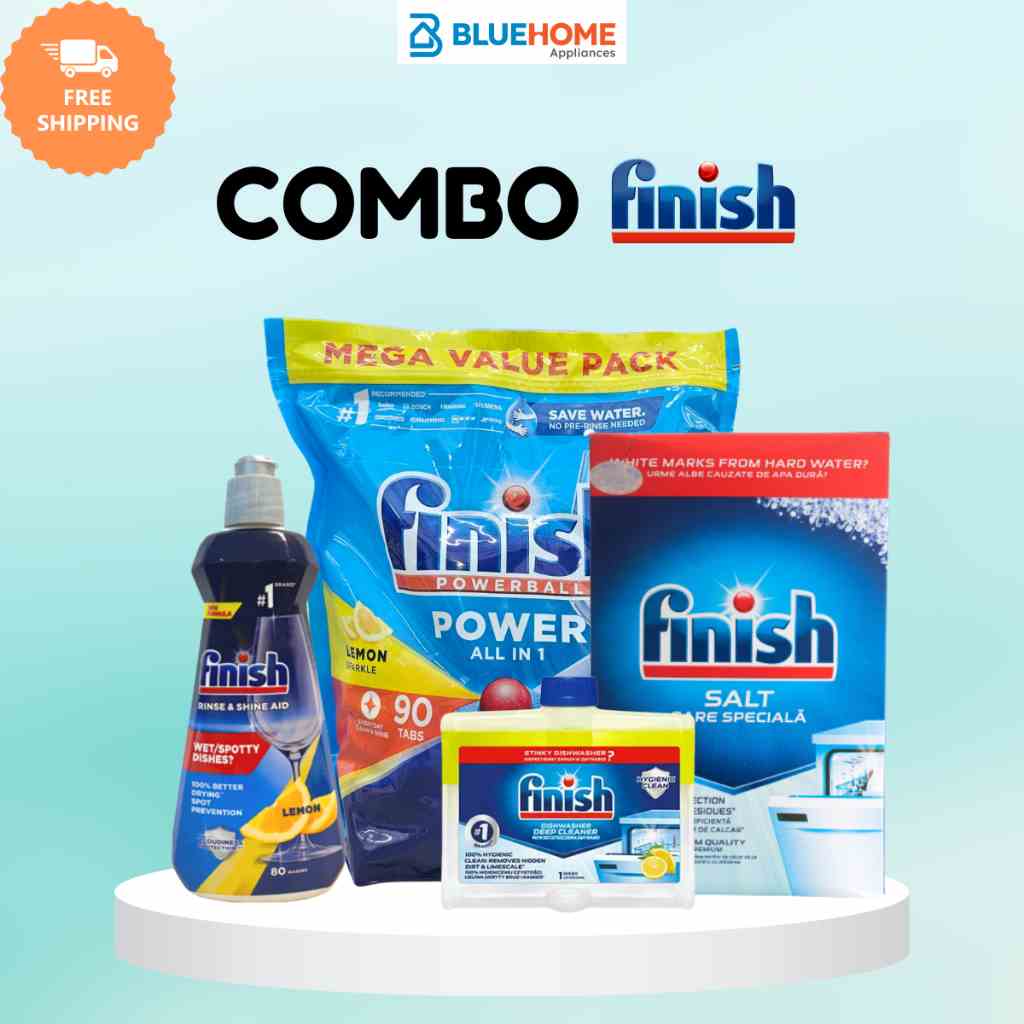 Combo Finish: Viên rửa bát Finish All in one 90 viên + Muối 1.5kg + Bóng 400ml + Dung dịch vệ sinh 250ml