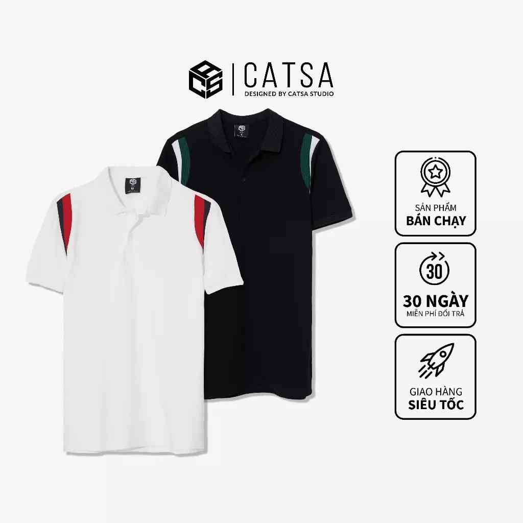 Áo thun polo nam có cổ đen phối xanh trắng thun Cotton cao cấp, dáng chuẩn, thoải mái CATSA ATP252 - 250