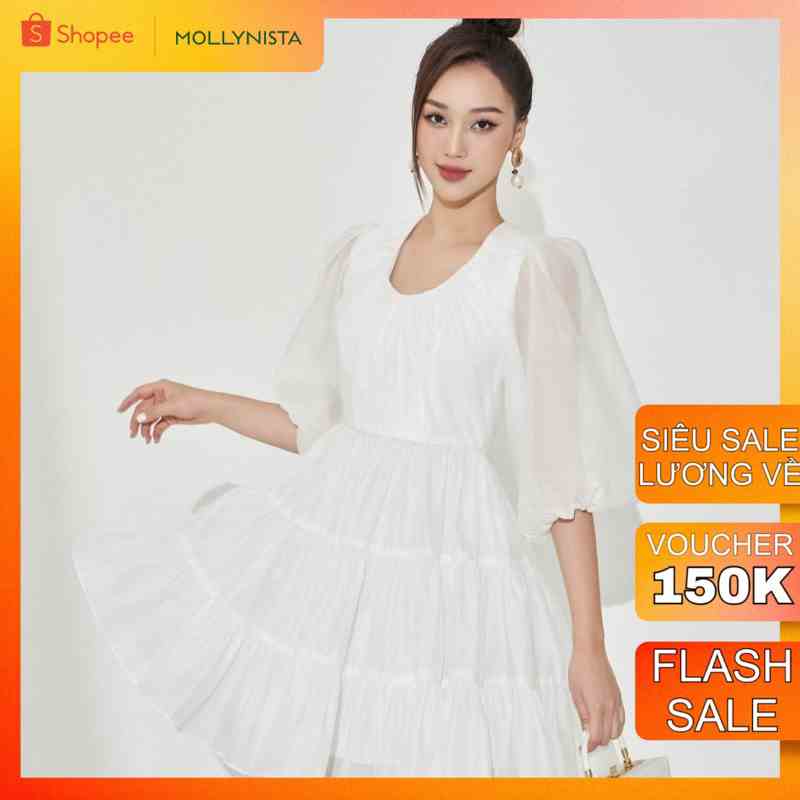 MOLLYNISTA - Đầm Miona tay bồng xếp nhún cổ von tơ tiểu thư nữ tính thiết kế cao cấp đi chơi đi tiệc