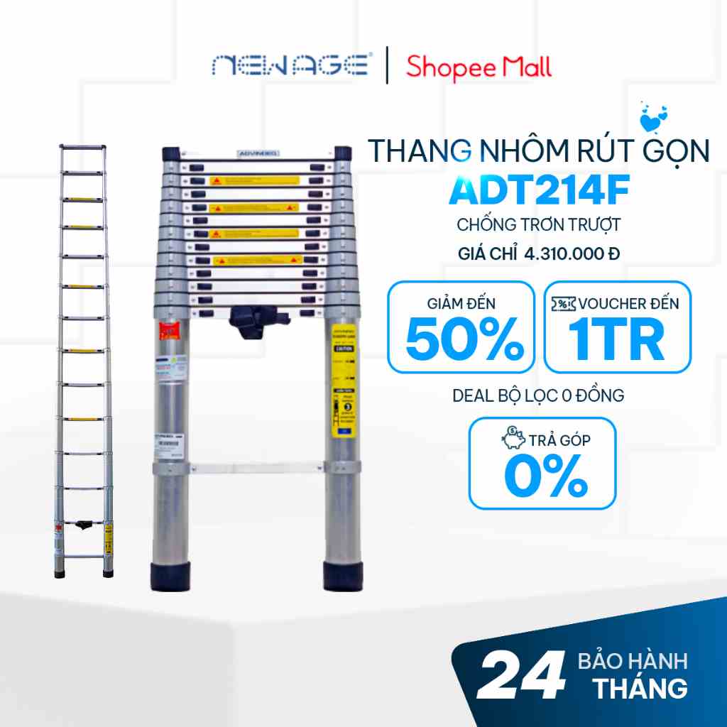 Thang nhôm rút gọn đơn 4.8m ADVINDEQ ADT214F, đai khớp nhôm chắc chắn, chân cao su chống trượt, Bảo hành 2 năm