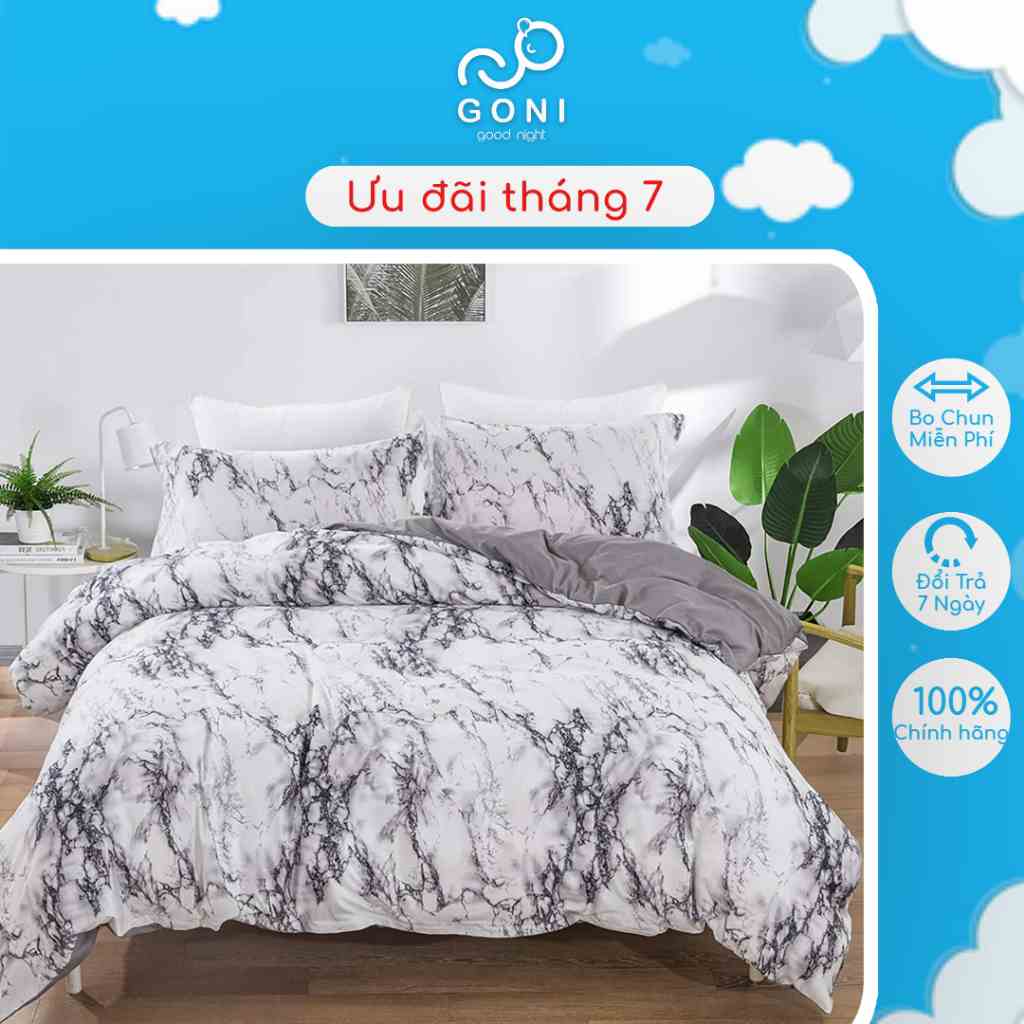 Bộ Chăn Ga Gối Cotton Tici GONI Họa Tiết Trắng Cẩm. Thạch Drap Giường Đủ Kích Thước Trải Nệm Không Kèm Ruột