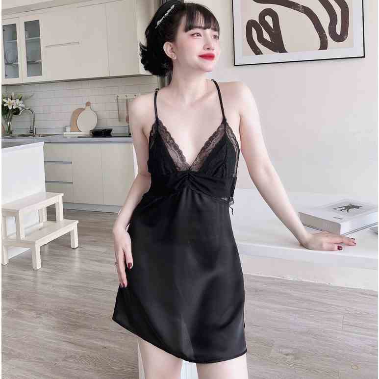 [Mã BMLT30 giảm đến 30K đơn 299K] Váy Ngủ Nữ Chữ T Kèm Quần Chíp SOJUN Chất Satin Dưới 60Kg