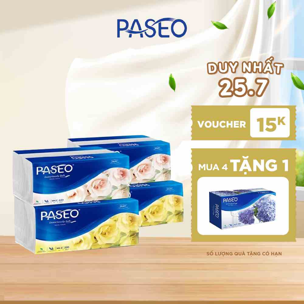 Combo 4 gói khăn giấy rút cao cấp Paseo dai, mềm mịn 220 tờ 2 lớp