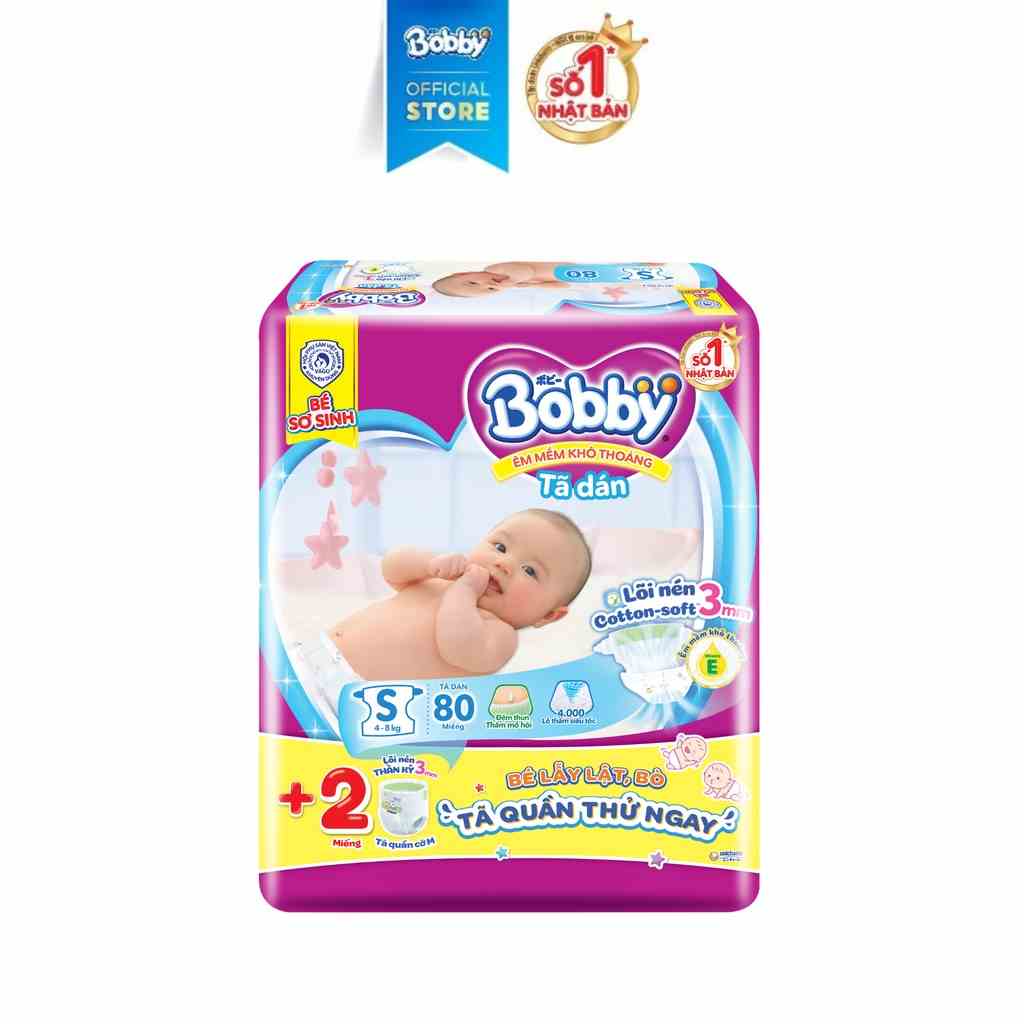 Tã dán Bobby lõi nén cotton-soft 3mm S 80 miếng (tặng 2 miếng quần size M)