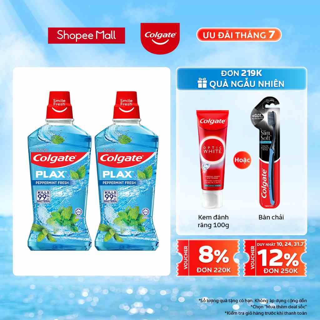 Bộ đôi nước súc miệng Colgate diệt 99% vi khuẩn Plax bạc hà 500ml