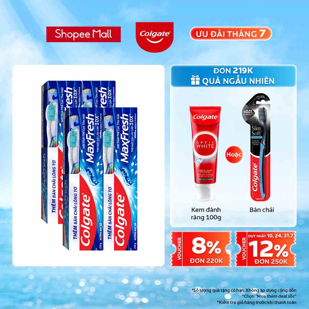 Bộ 4 Kem đánh răng Colgate Maxfresh hương bạc hà 225g/hộp tặng bàn chải