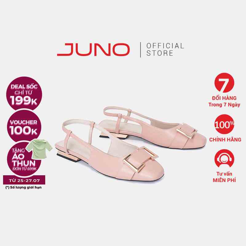 Giày Búp Bê Nữ 3cm Thời Trang JUNO Slingback Mũi Vuông Trang Trí Khóa BB03106