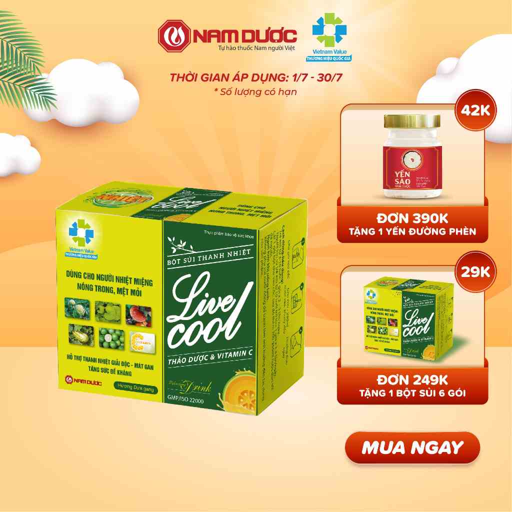 Bột sủi thanh nhiệt Livecool Nam Dược hương dưa gang hộp 6 gói x7g hỗ trợ giảm nhiệt miệng nóng trong,giải độc,mát gan