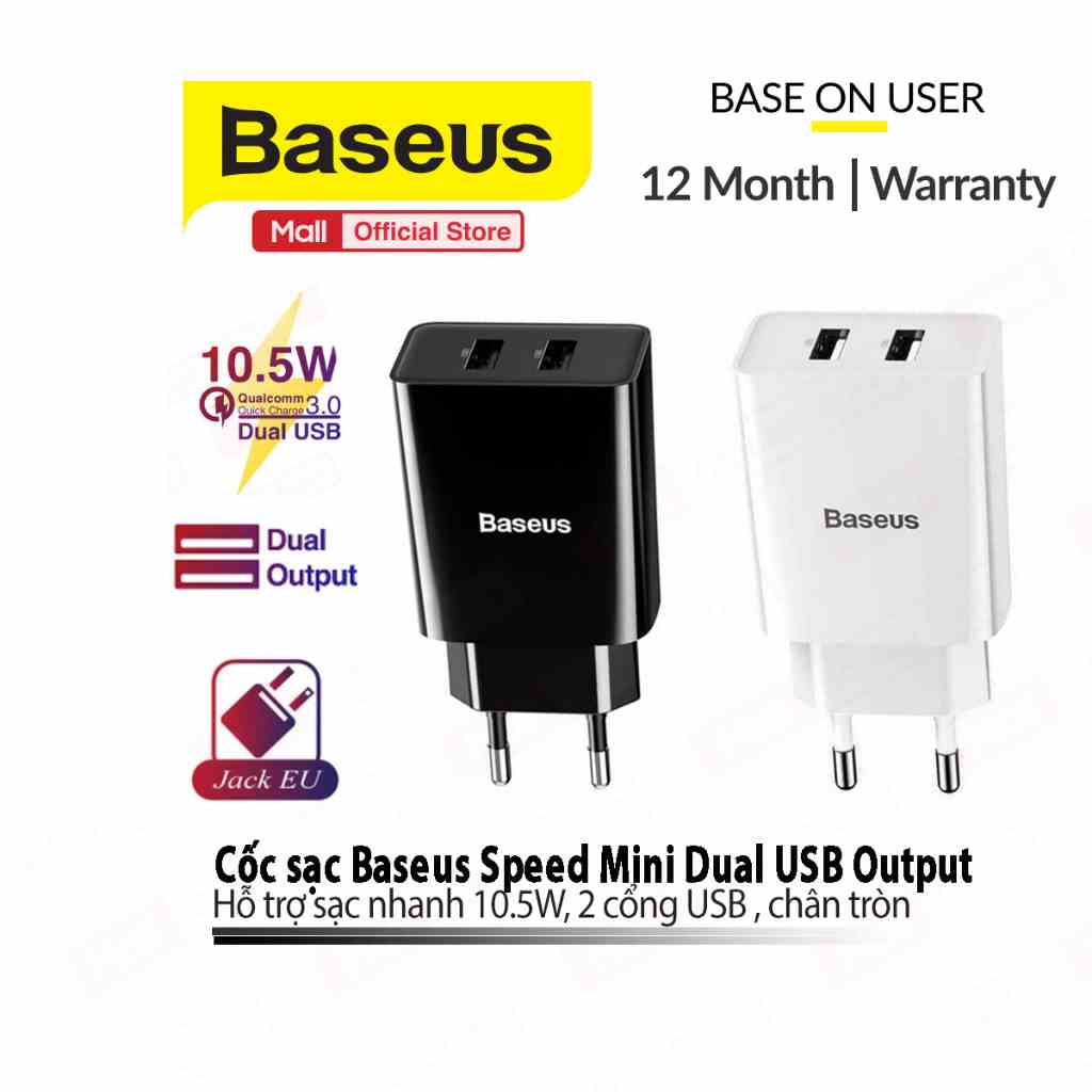 Củ sạc 10.5W Baseus Speed Mini Dual USB sạc 2.1A trang bị 2 cổng sạc USB cho iP/Samsung/xiaomi, chân tròn