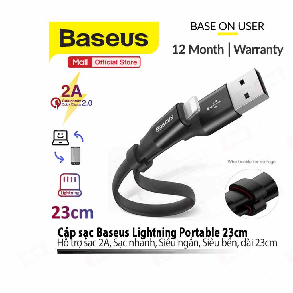 Cáp sạc Baseus Portable USB dùng cho IP8/9/10/11 hỗ trợ sạc 2A Sạc nhanh, siêu ngắn, siêu bền, dài 23cm