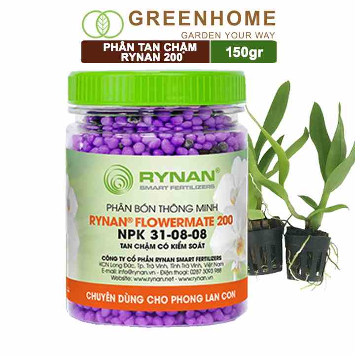 Phân tan chậm Greenhome, rynan 200, chai 150gr, kích chồi, dưỡng cây, dành cho phong lan con, kiểng