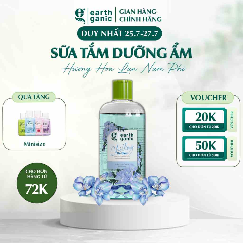 Sữa tắm dưỡng ẩm trắng da Earthganic Hương Lan Nam Phi AHA trắng da thơm lâu, thành phần thiên nhiên