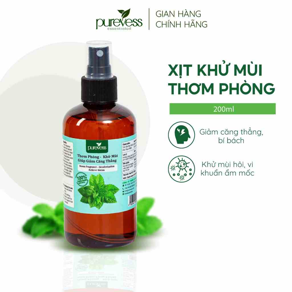 Bình xịt phòng tinh dầu Purevess hương bạc hà lục giúp thư giãn, thơm phòng đuổi muỗi dung tích 50ml, 100ml, 200ml